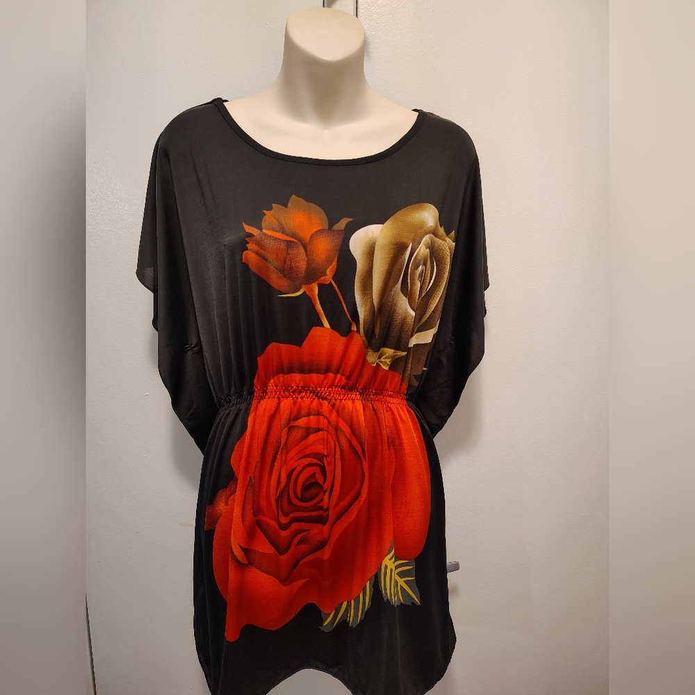 🔥SALE 💯 Style Black Tunic with Red and Brown Floral Design